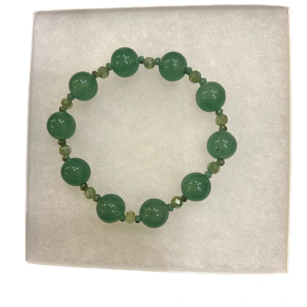 Semiprecious Green Aventurine and Crystal Beaded Stretch Bracelet - Picture 2 of 3